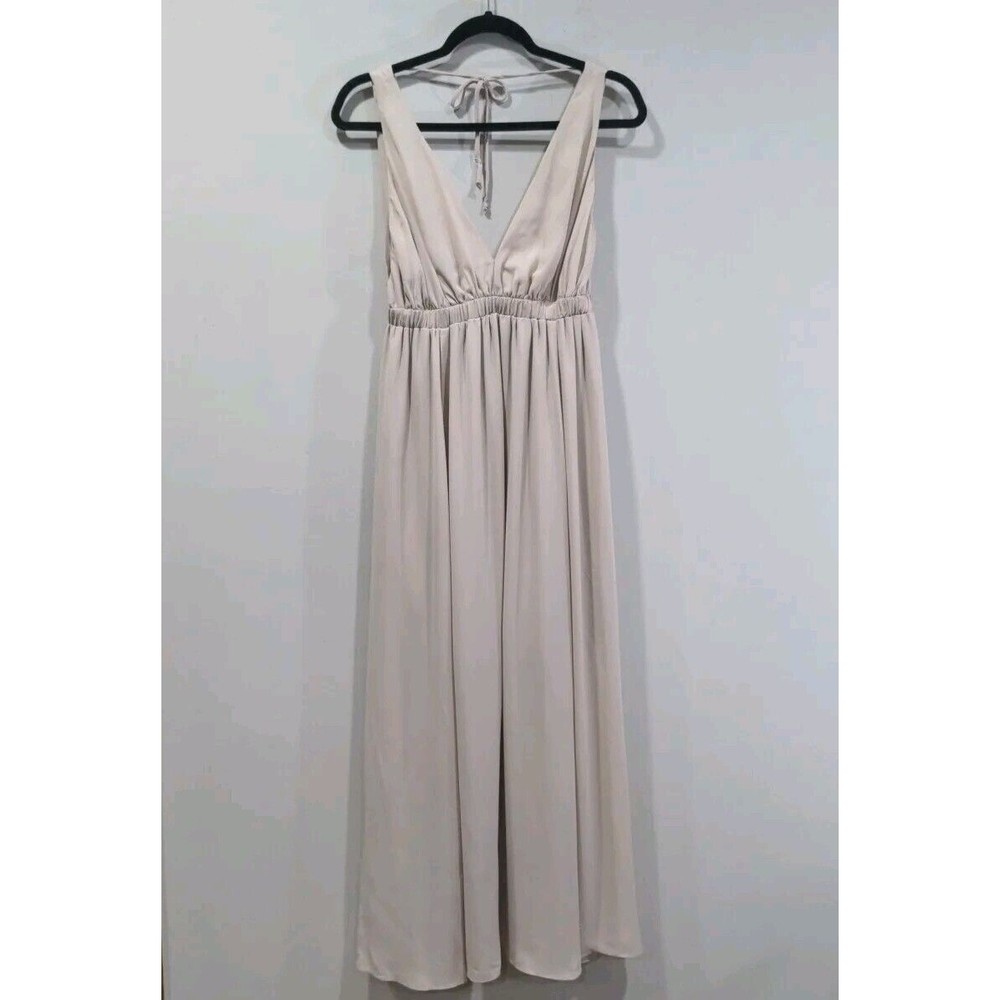 Show Me Your MuMu Ava Chiffon Deep V-Neck Dress Size L Beige Bridesmaid Elegant
